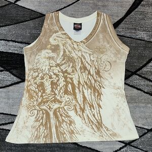 HARLEY DAVIDSON STUDDED GOLD SHINE EAGLE & SWORD V-NECK TANK-TOP